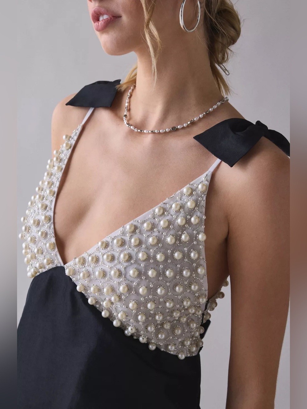 For Love & Lemons Pearly Bow Black Satin Mini Dress Size Small NWT - Picture 7 of 17